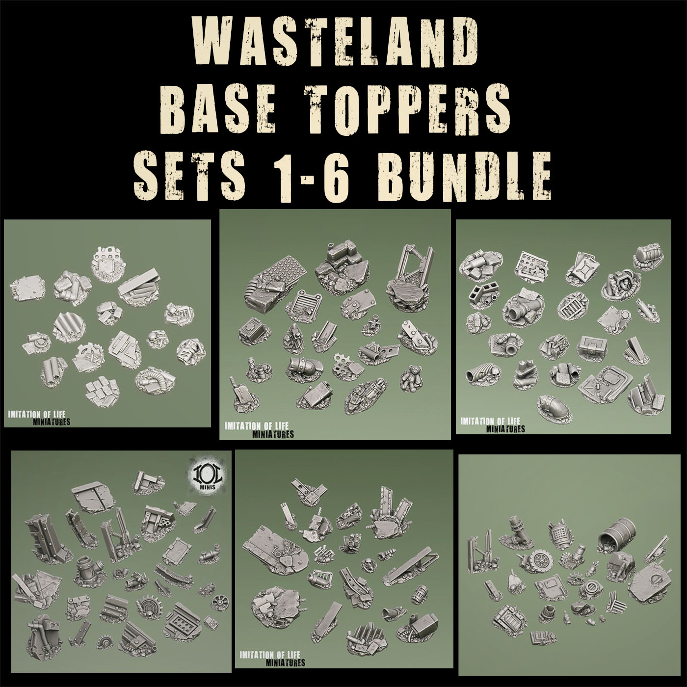 Wasteland Base Toppers Set 1-6 Bundle. Supportfree/ Presupported Base detailing Kits.